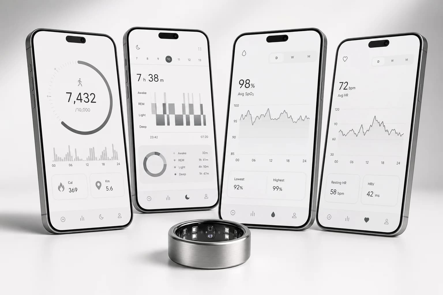 ORYN app screens showing steps, heart rate, blood oxygen and sleep tracking